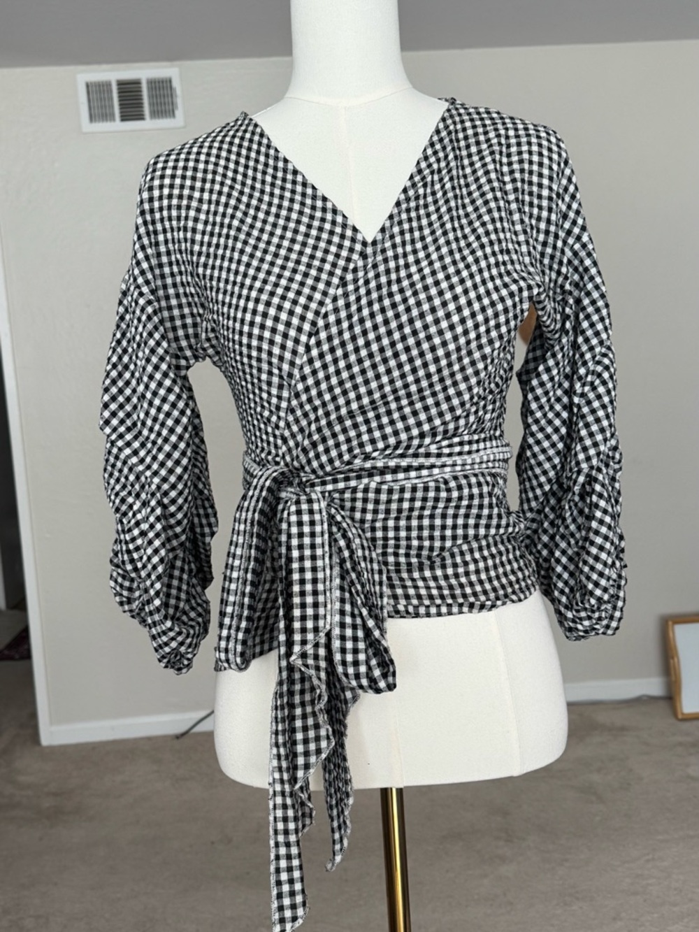 Black and White Gingham Wrap Top with Tie Waist